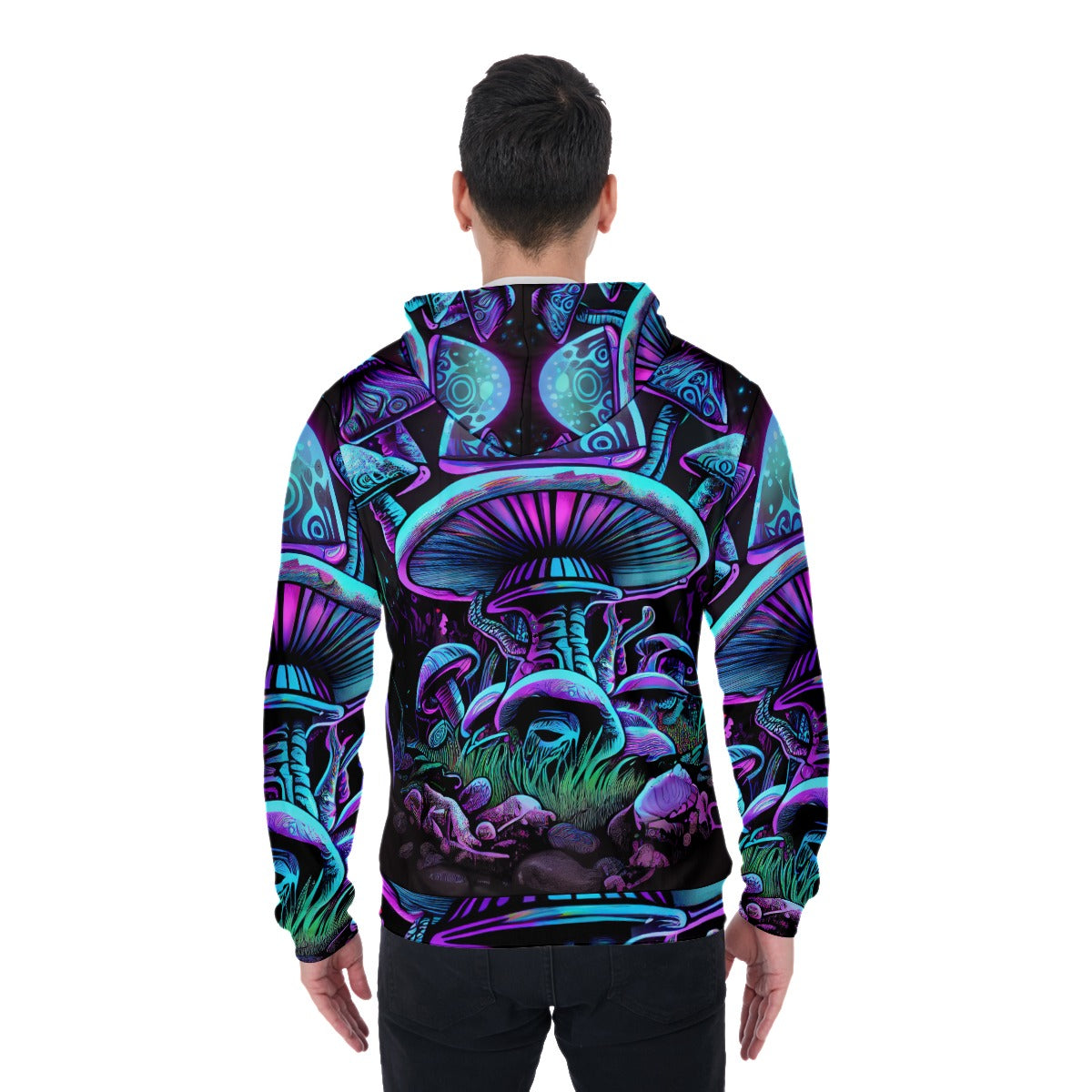 Psychedelic Mushroom Hoodie Blue Zip - Vibrant Fungi All-Over Print Mycological