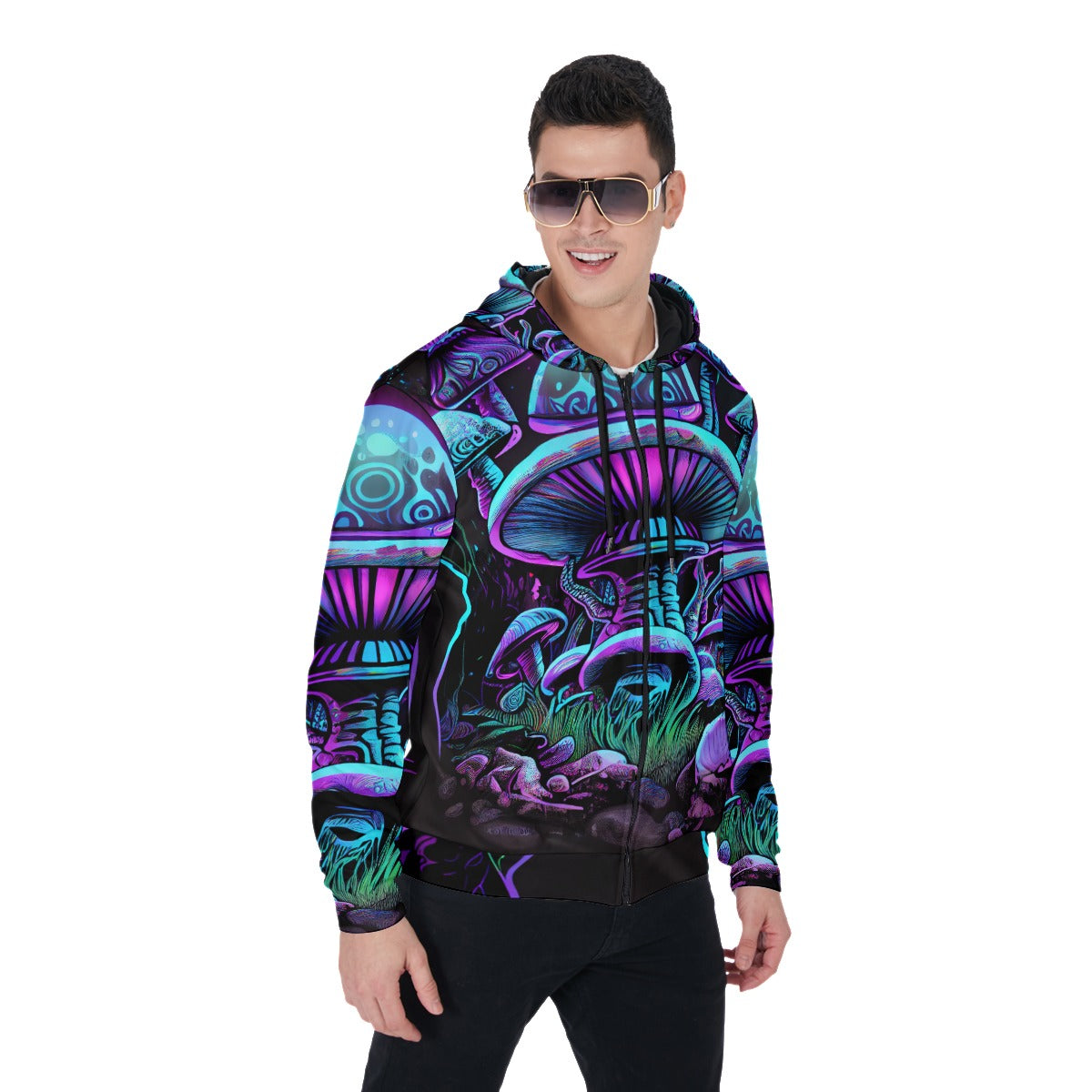 Psychedelic Mushroom Hoodie Blue Zip - Vibrant Fungi All-Over Print Mycological