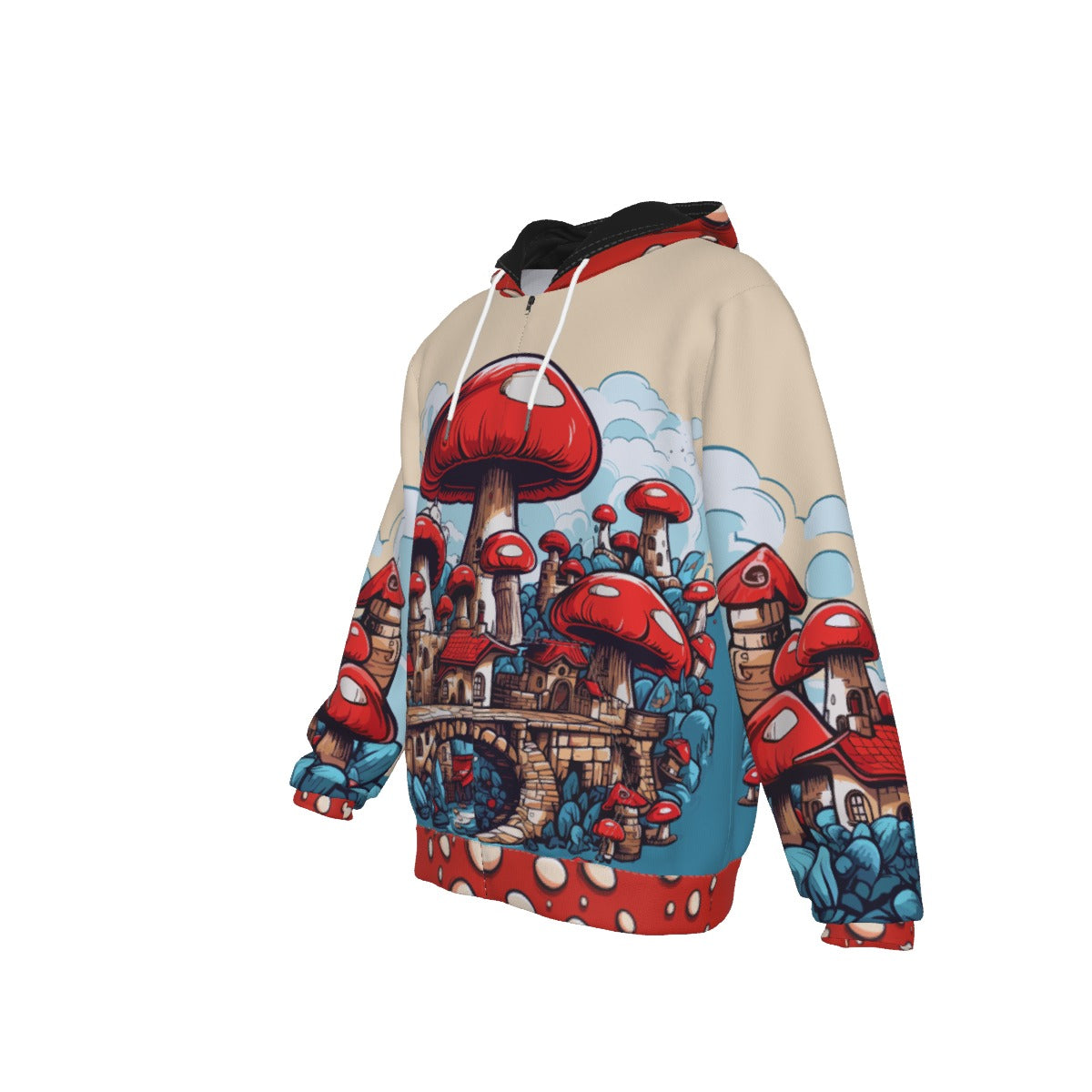 Enchanted Forest Red Mushroom Fantasy Zip-Up Hoodie – All-Over Print Fairy Tale Fungi Apparel – Magical Mushroom Art Jacket for Men & Women