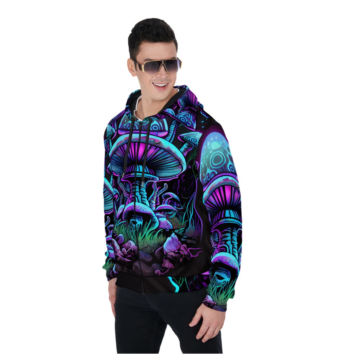 Psychedelic Mushroom Hoodie Blue Zip - Vibrant Fungi All-Over Print Mycological