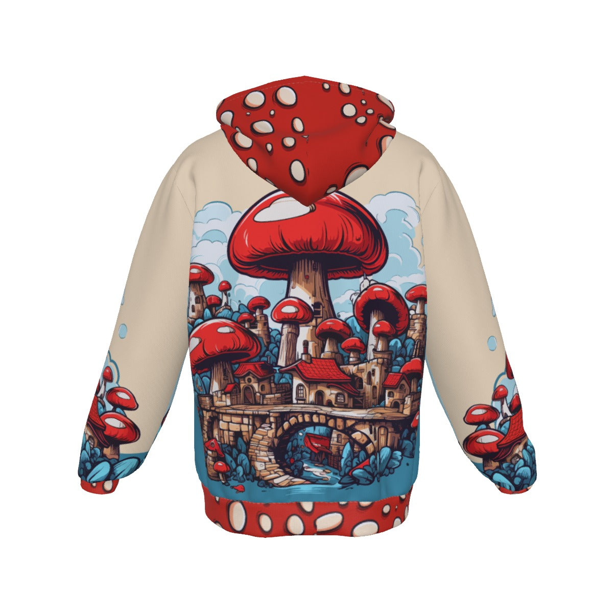 Enchanted Forest Red Mushroom Fantasy Zip-Up Hoodie – All-Over Print Fairy Tale Fungi Apparel – Magical Mushroom Art Jacket for Men & Women