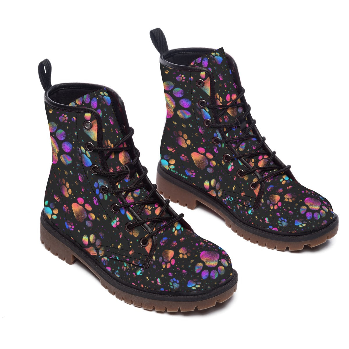 Black Holographic Rainbow Cat Paw Print Men's Martin Short Boots Space & Neon Colors