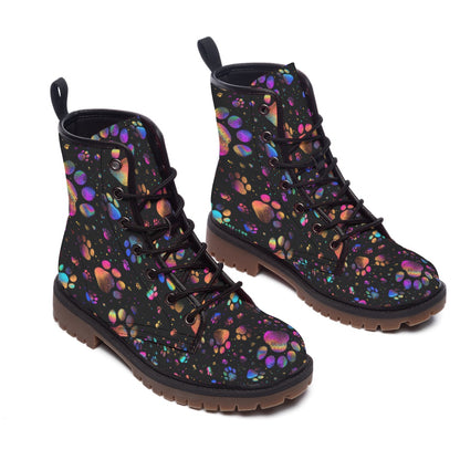 Black Holographic Rainbow Cat Paw Print Men's Martin Short Boots Space & Neon Colors