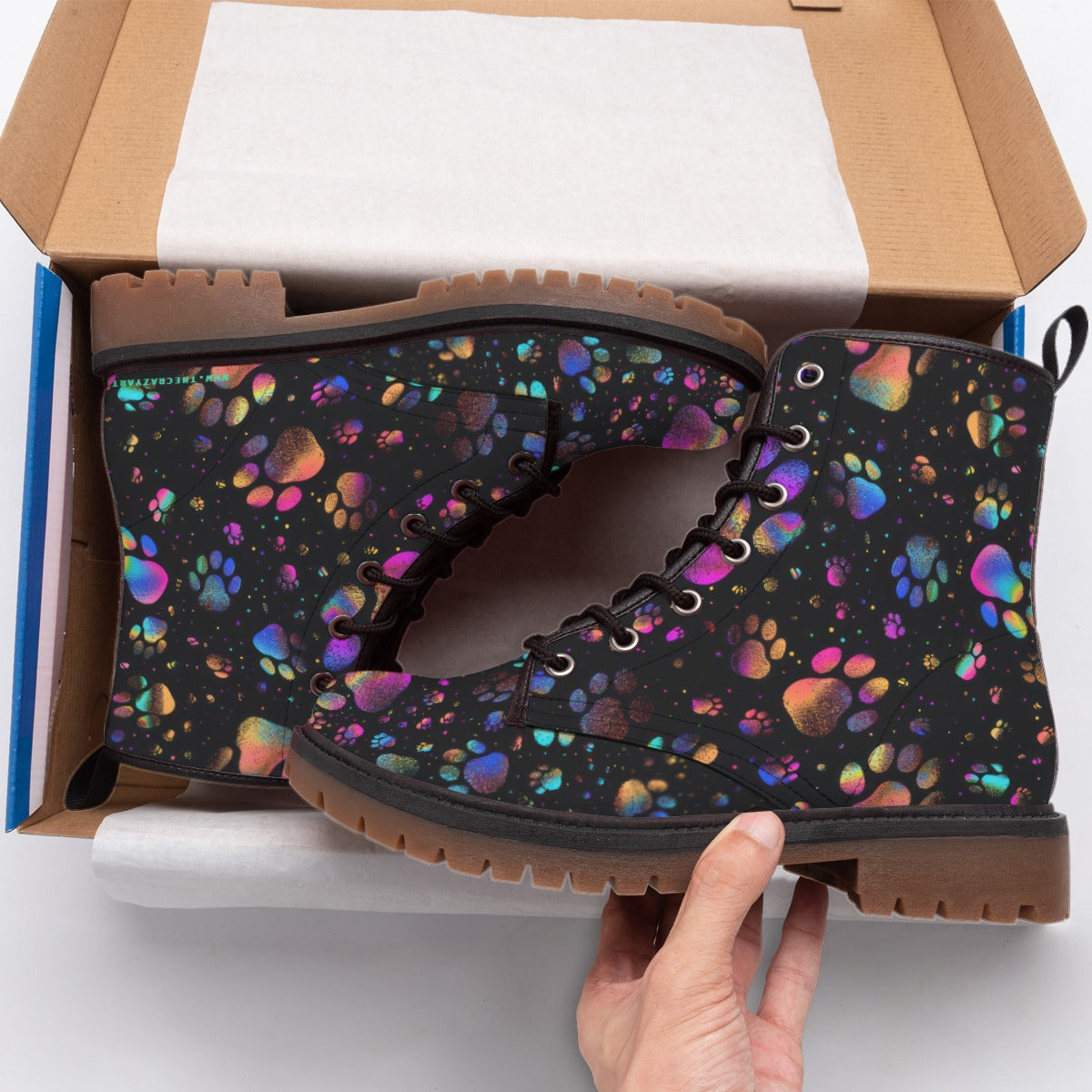 Black Holographic Rainbow Cat Paw Print Men's Martin Short Boots Space & Neon Colors
