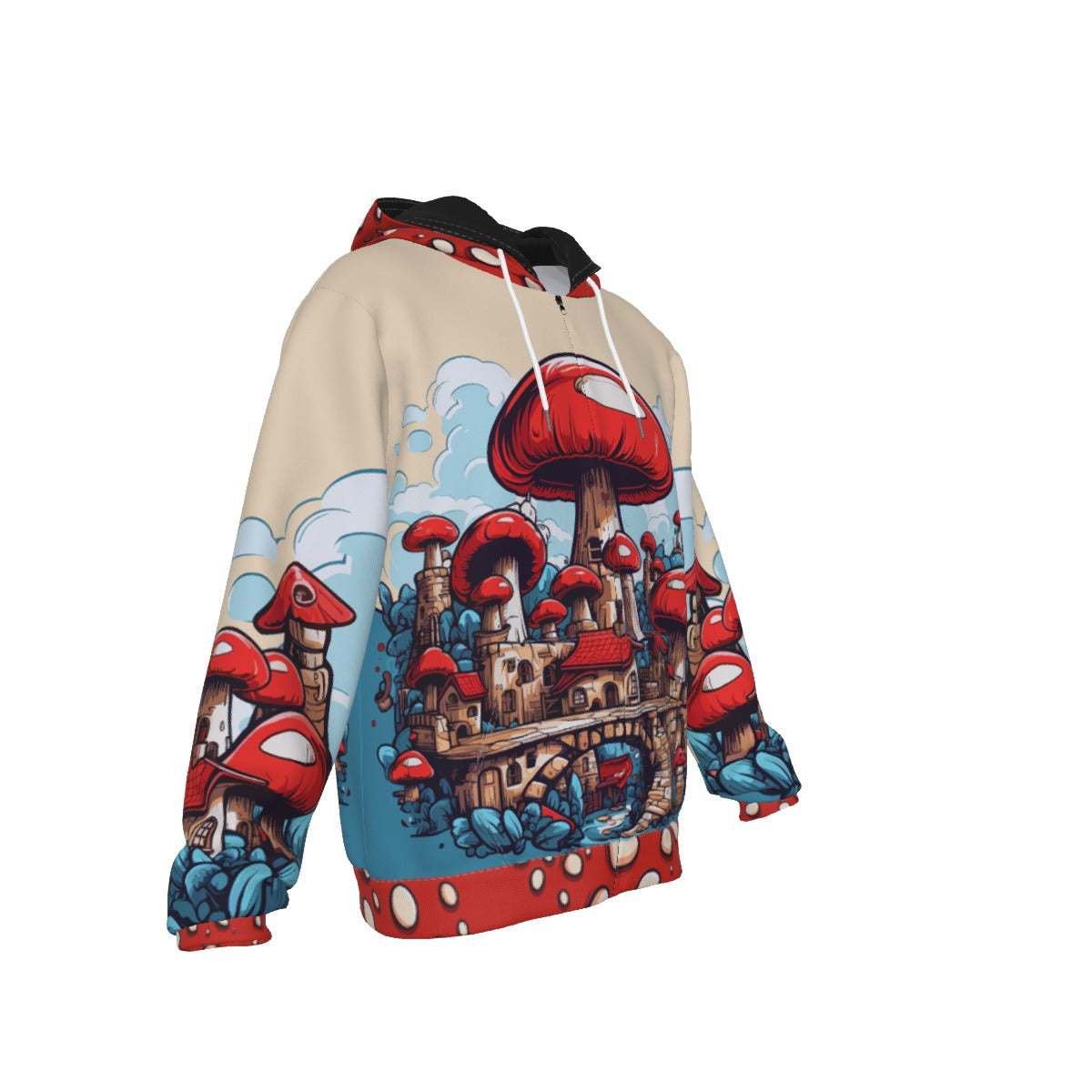 Enchanted Forest Red Mushroom Fantasy Zip-Up Hoodie – All-Over Print Fairy Tale Fungi Apparel – Magical Mushroom Art Jacket for Men & Women