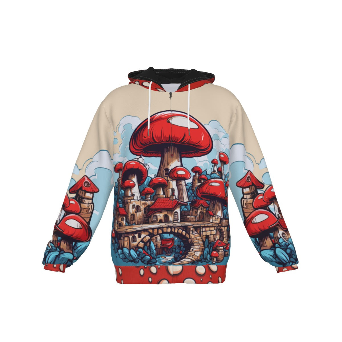 Enchanted Forest Red Mushroom Fantasy Zip-Up Hoodie – All-Over Print Fairy Tale Fungi Apparel – Magical Mushroom Art Jacket for Men & Women